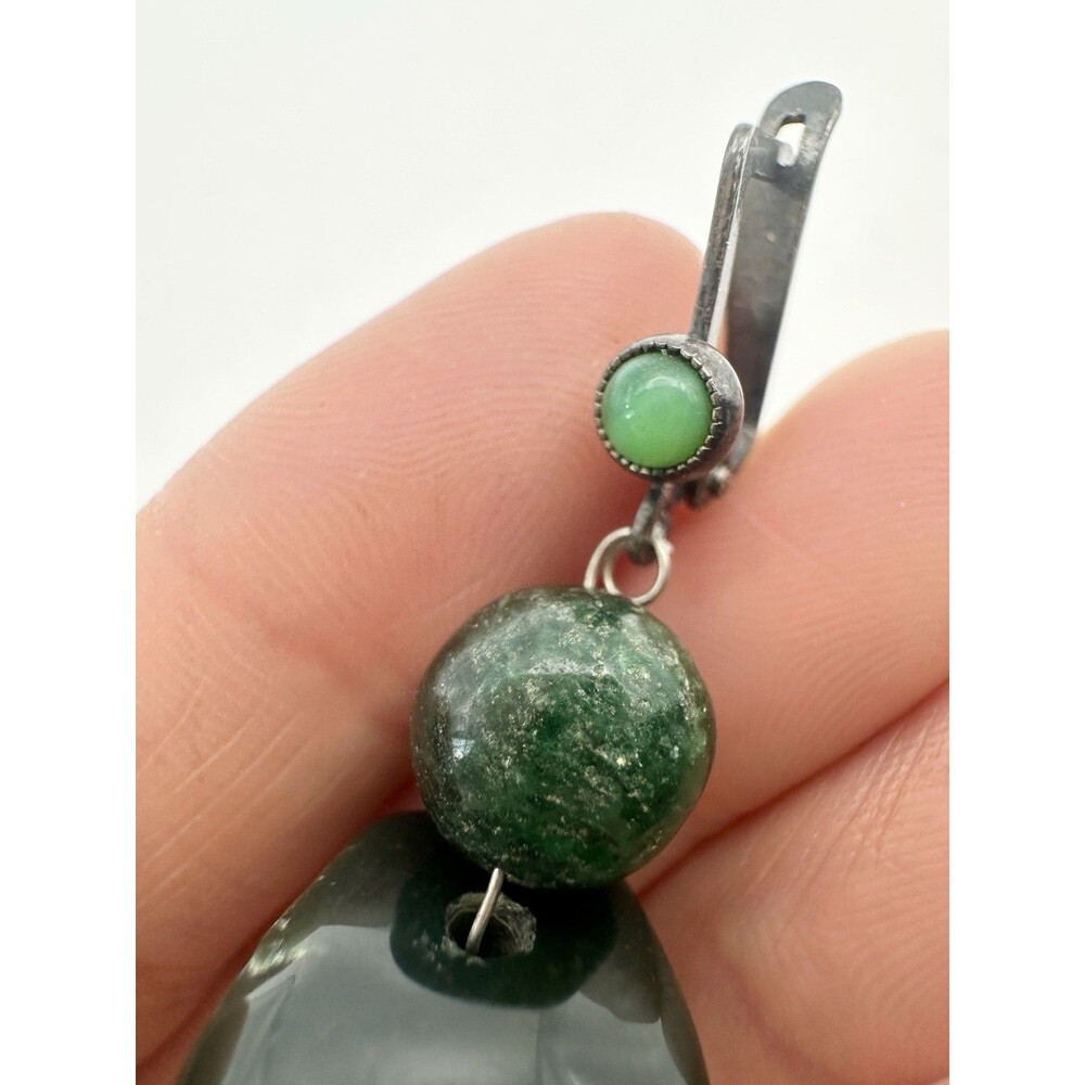 Vintage Sterling Silver Natural Green Gemstone Earrings - Picture 5 of 7